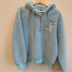Disney Frozen Olaf Embroidered Quarter Zip Light Blue Sherpa Hooded Jacket